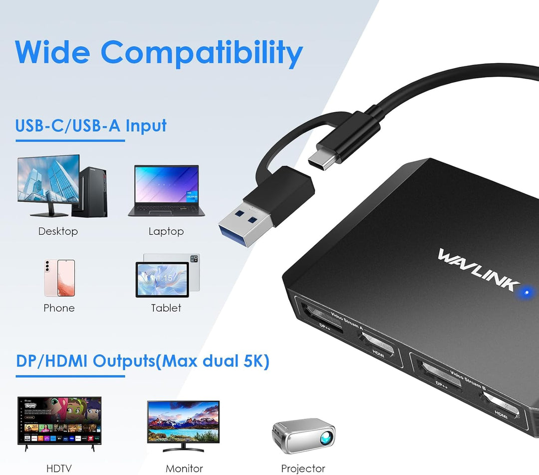 WAVLINK DisplayLink USB 3.0 or USB C to DisplayPort HDMI Adapter, Dual 5K/4K@60Hz 4IN1 Monitor Hub f