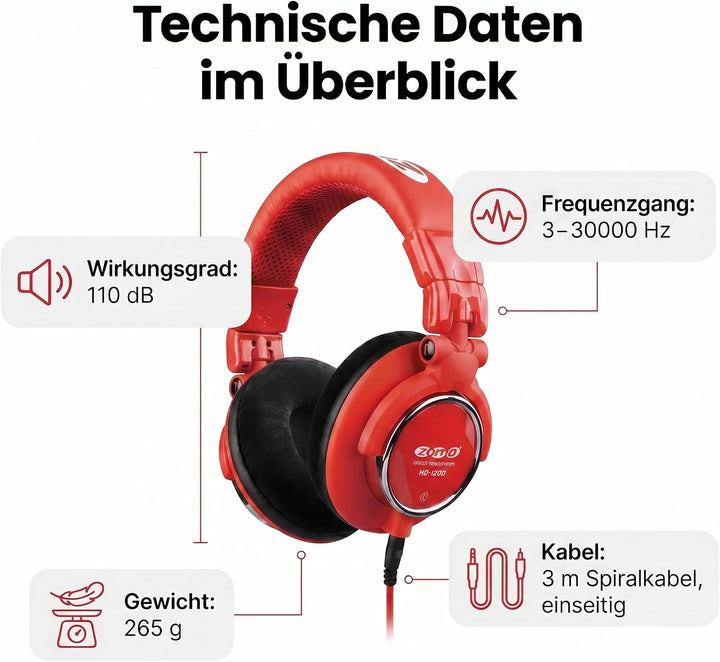 Zomo HD-1200 Professioneller Stereo-Kopfhörer (110dB, 3m) toxic rot