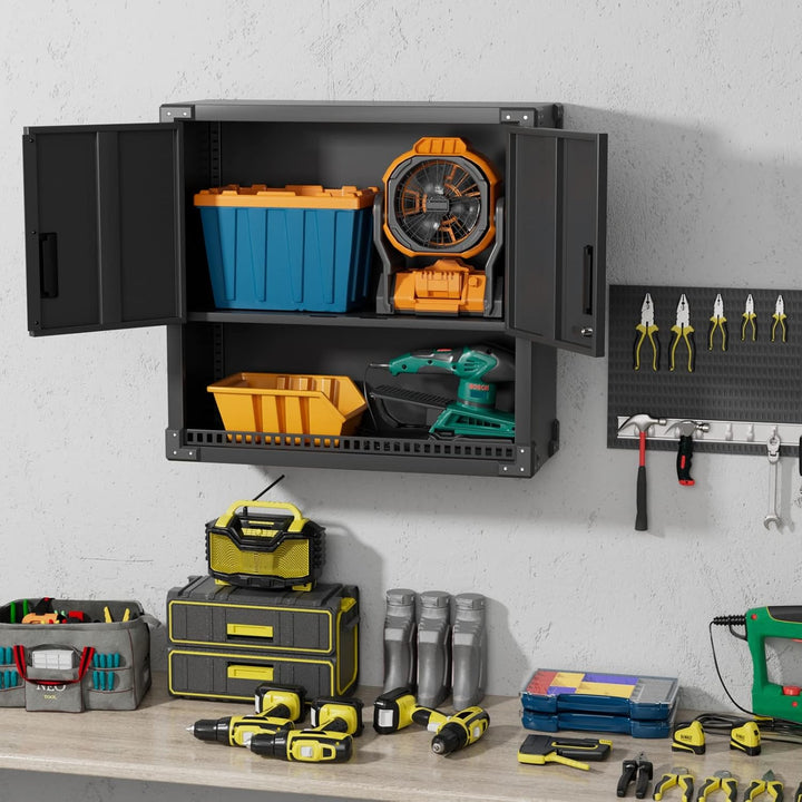 SUPEER Hängeschrank Metall Werkzeugschrank mit 1 Höhenverstellbaren Fachböden&2 Türen& 1 Schublade,A