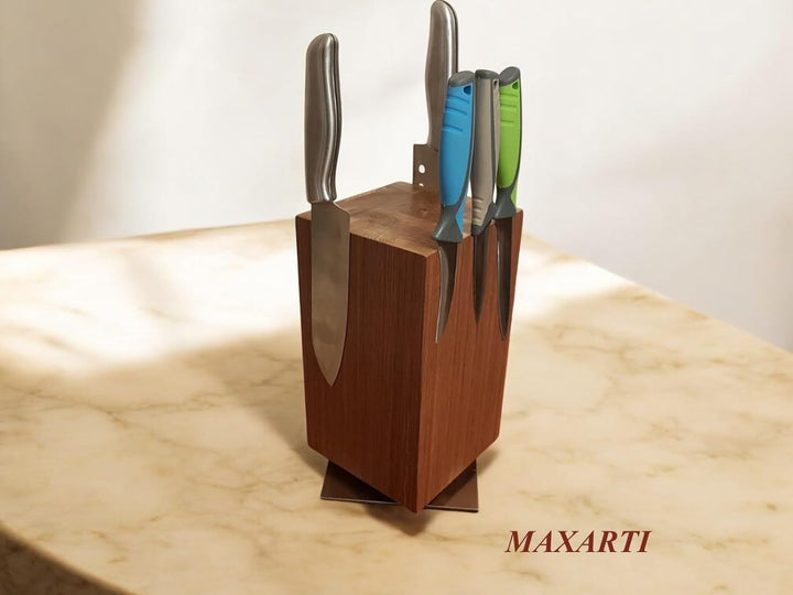 MAXARTI - 360° Drehbarer Magnetischer Messerblock (360° Walnuss 13x13cm) Magnetisch Messerhalter aus