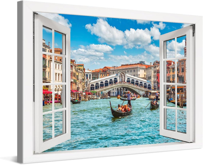 PICANOVA – Leinwandbild 120x80cm Rialtobrücke Venedig Fenster – Leinwanddruck – Wandbild Kunstdruck