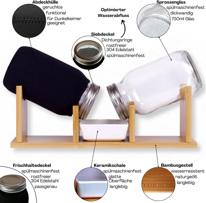 Sprossenglas 2er Set – hochwertiges Sprossenglas Keimglas Set aus Bambus + Kressesieb & Keimschale –