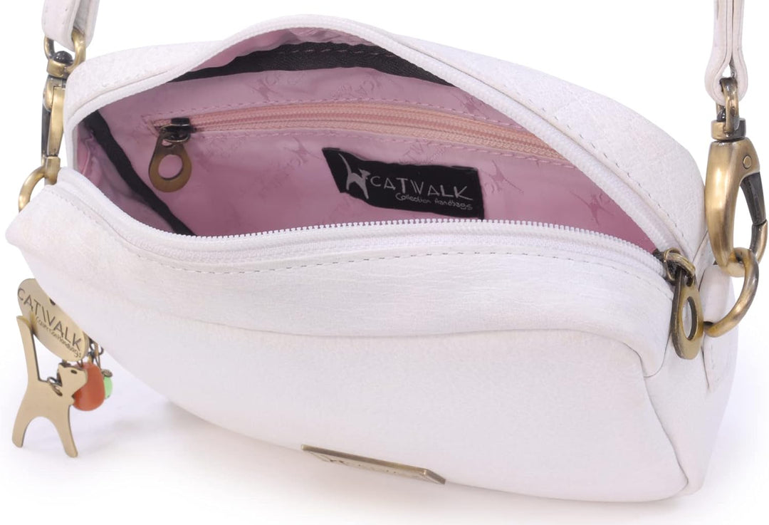 Catwalk Collection Handbags - Leder - Klein Umhängetasche Messenger/Schultertasche - POLLY Weiss, We
