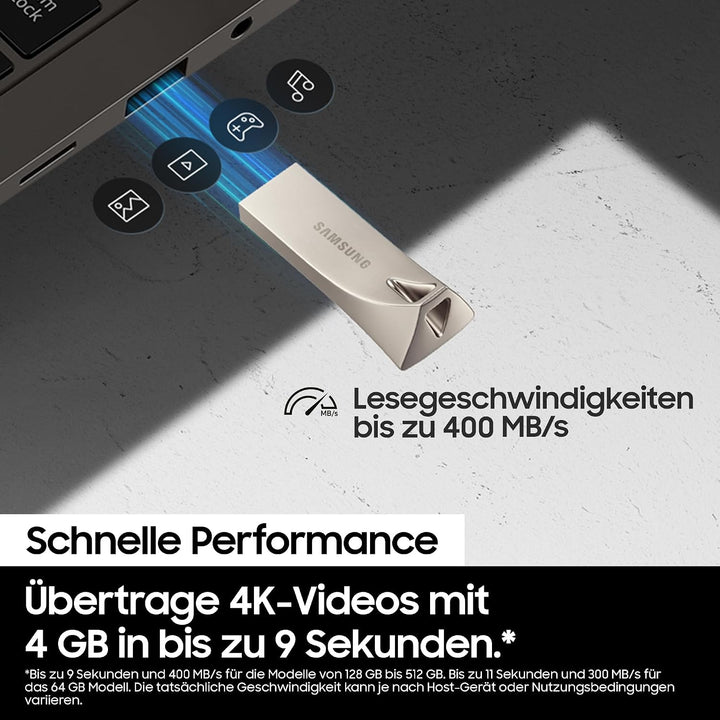 Samsung BAR Plus USB-Stick Typ-A, 128 GB, 400 MB/s Lesen, 60 MB/s Schreiben, Widerstandsfähiger USB
