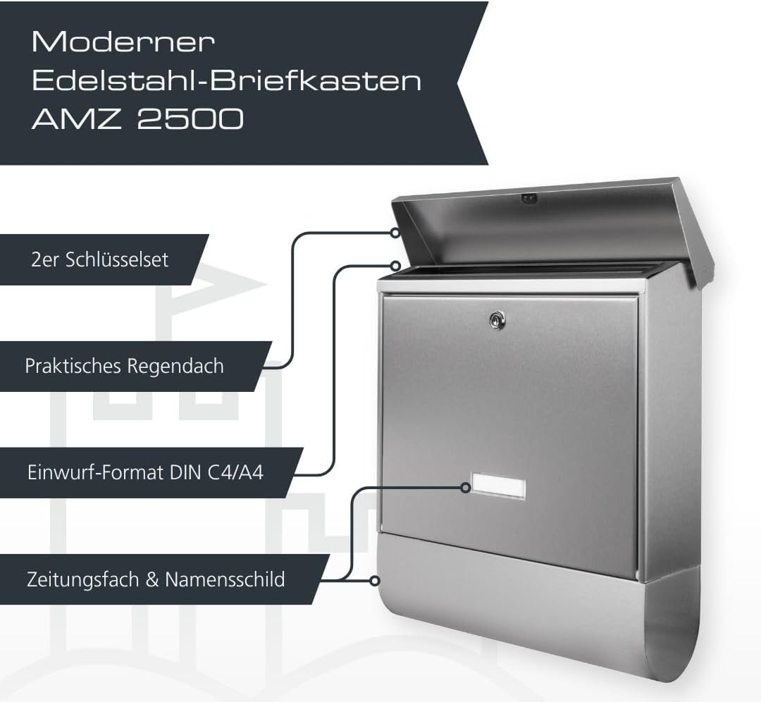 BURG-WÄCHTER Briefkasten mit Zeitungsfach und Namensschild, Rostfreier Edelstahl, Einwurf-Format DIN