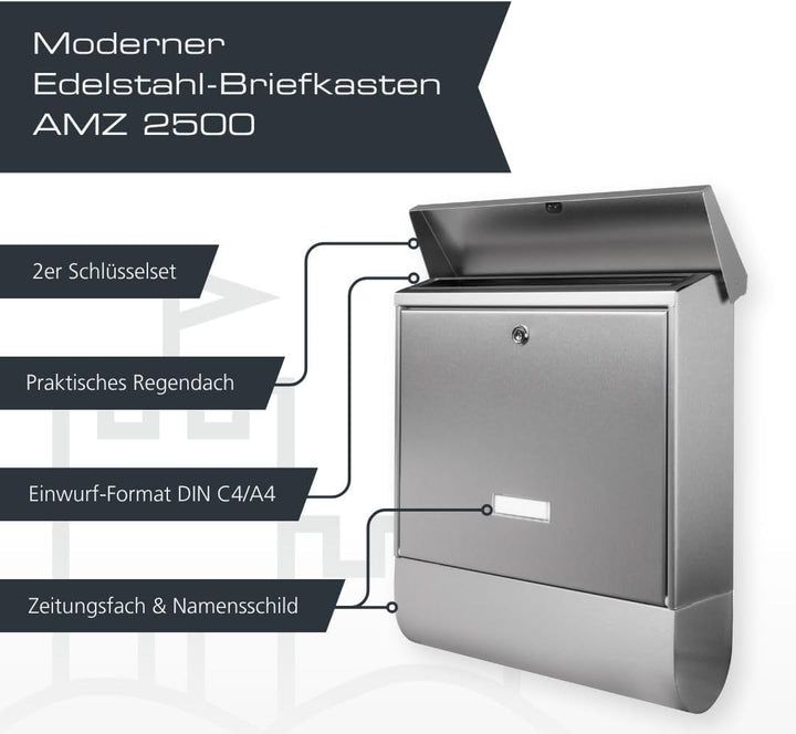 BURG-WÄCHTER Briefkasten mit Zeitungsfach und Namensschild, Rostfreier Edelstahl, Einwurf-Format DIN