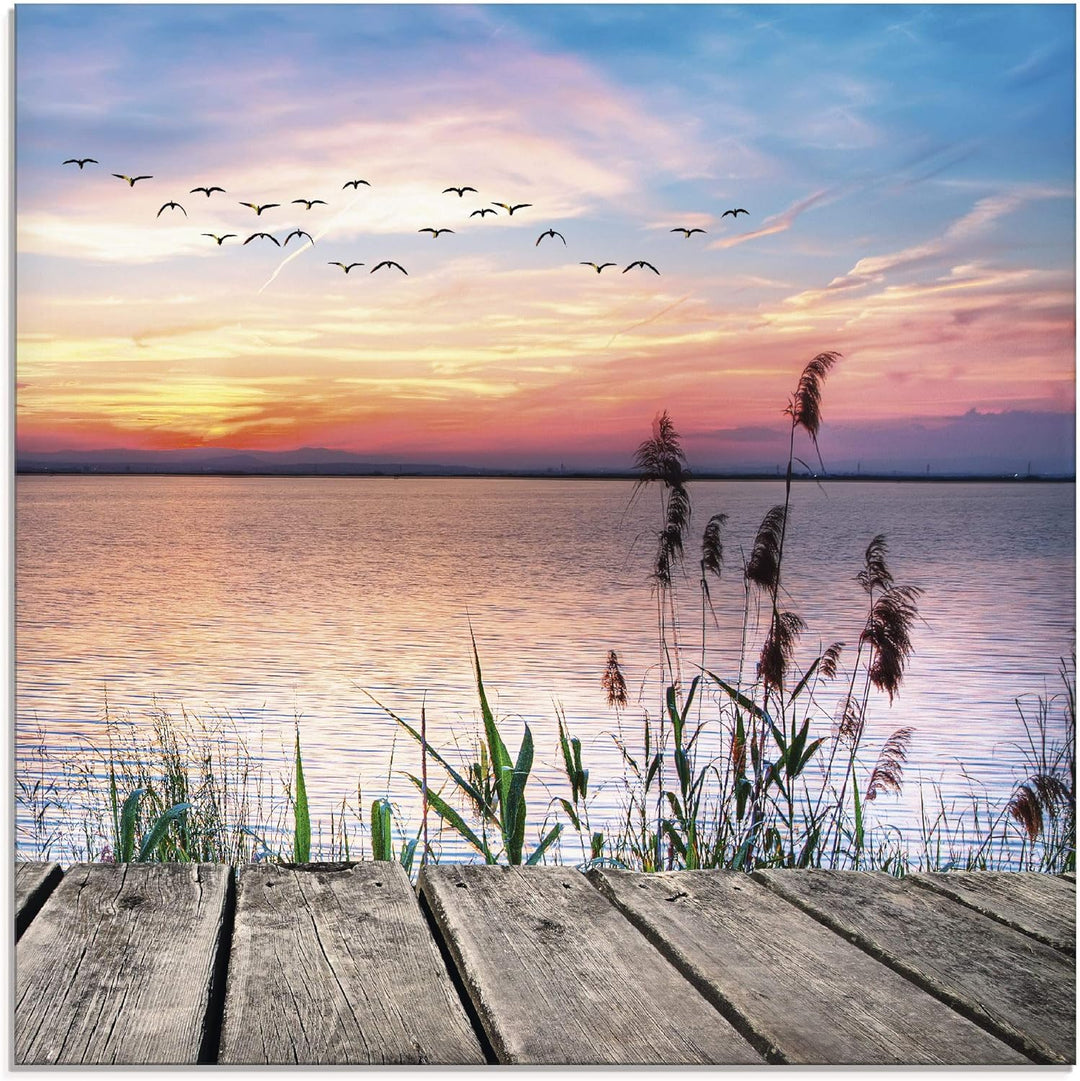 Glasbilder Wandbild Glas Bild einteilig 50x50 cm Quadratisch Natur Steg Landschaft See Himmel Sonnen