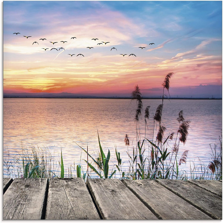Glasbilder Wandbild Glas Bild einteilig 50x50 cm Quadratisch Natur Steg Landschaft See Himmel Sonnen