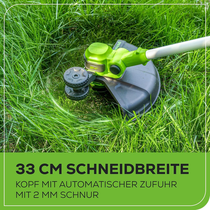 Greenworks GD24LT33K4 Akku Rasentrimmer & Kantenschneider mit Rad für mittelgrosse Gärten, 33cm Schn