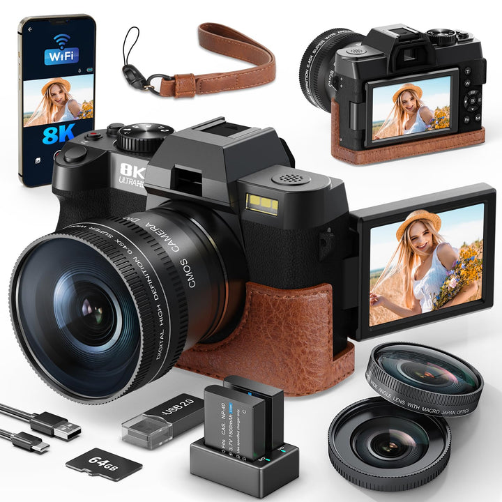 8K &amp; 64 MP Digitalkamera für Foto &amp; Video – 16-facher Zoom, WLAN, 180° Flip-Display, Autofokus, Bild