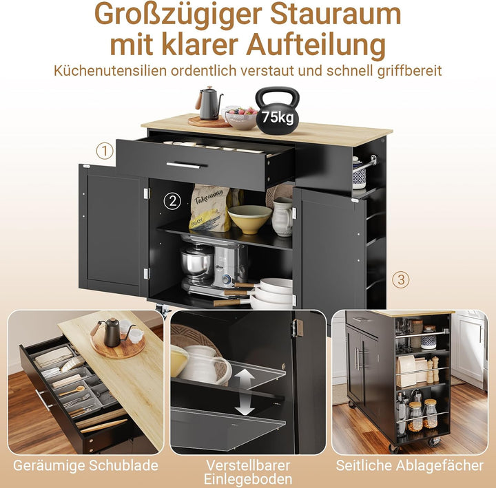 SoBuy Küchenwagen mit feststellbaren Rollen & 3 Seitenablagen 99x40x84,3 cm | Kücheninsel mit grosse