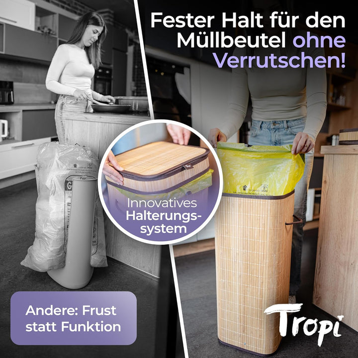 Tropi® Bambus Müllsackständer für Gelbe Säcke – 80L Gelber Sack Ständer mit Deckel & Sichtschutz – E