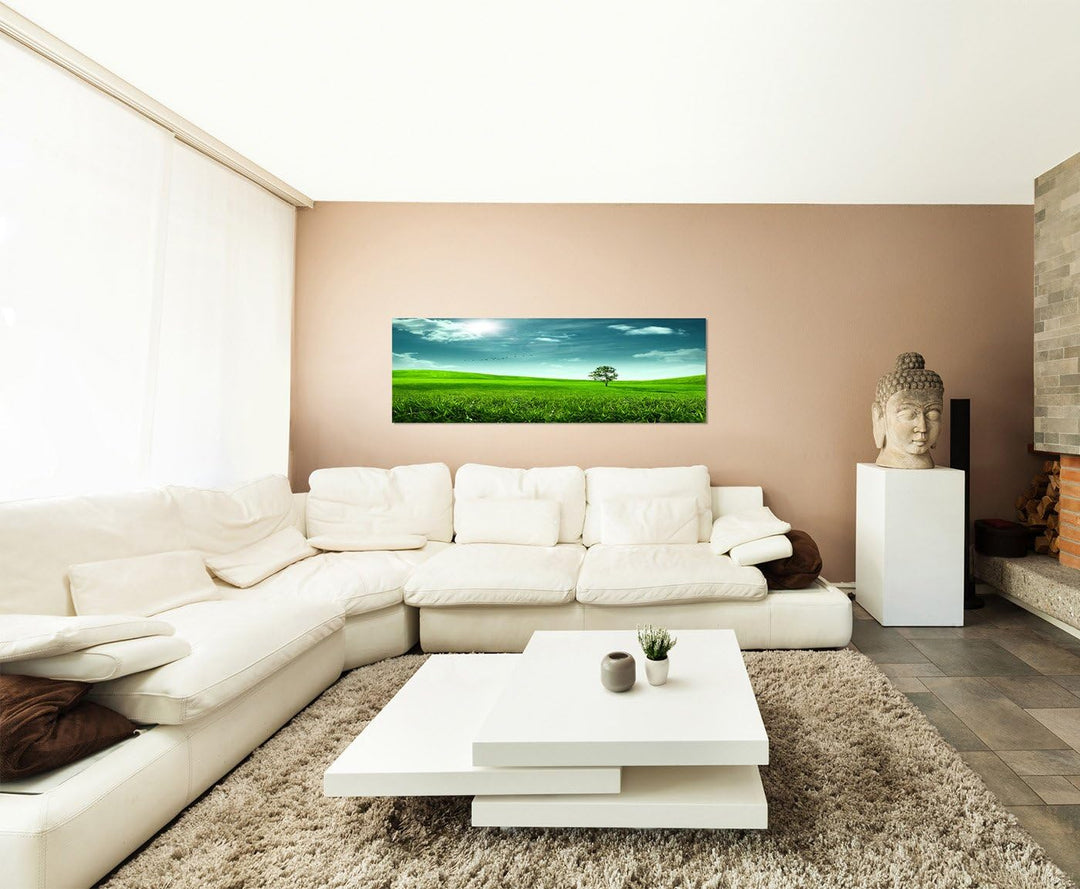Paul Sinus Art Panoramabild auf Leinwand und Keilrahmen 150x50cm Wiese Hügel Baum Sonne Vögel abstra