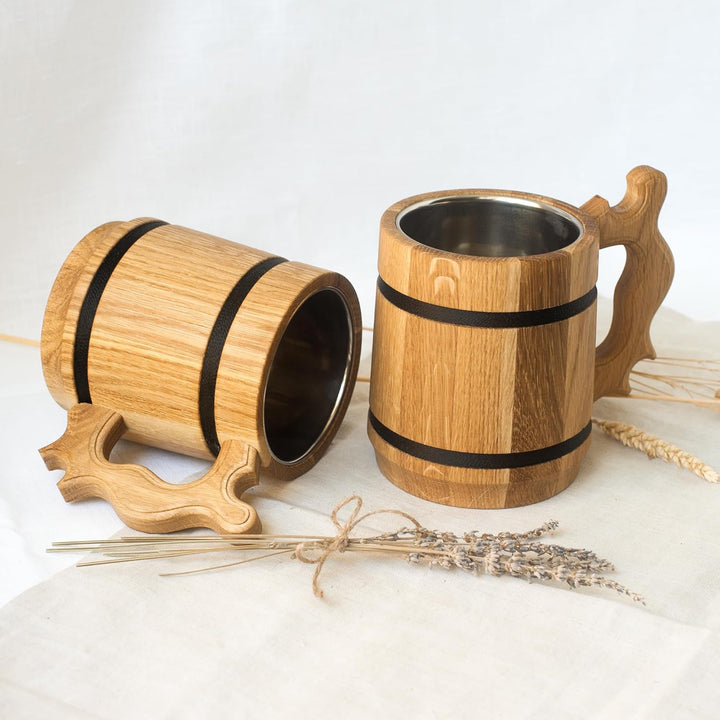 HOFMEISTER® Bierkrug mit Edelstahleinsatz aus Eiche 19,5 cm Bierkrug mit Stahleinsatz 1, Bierkrug mi