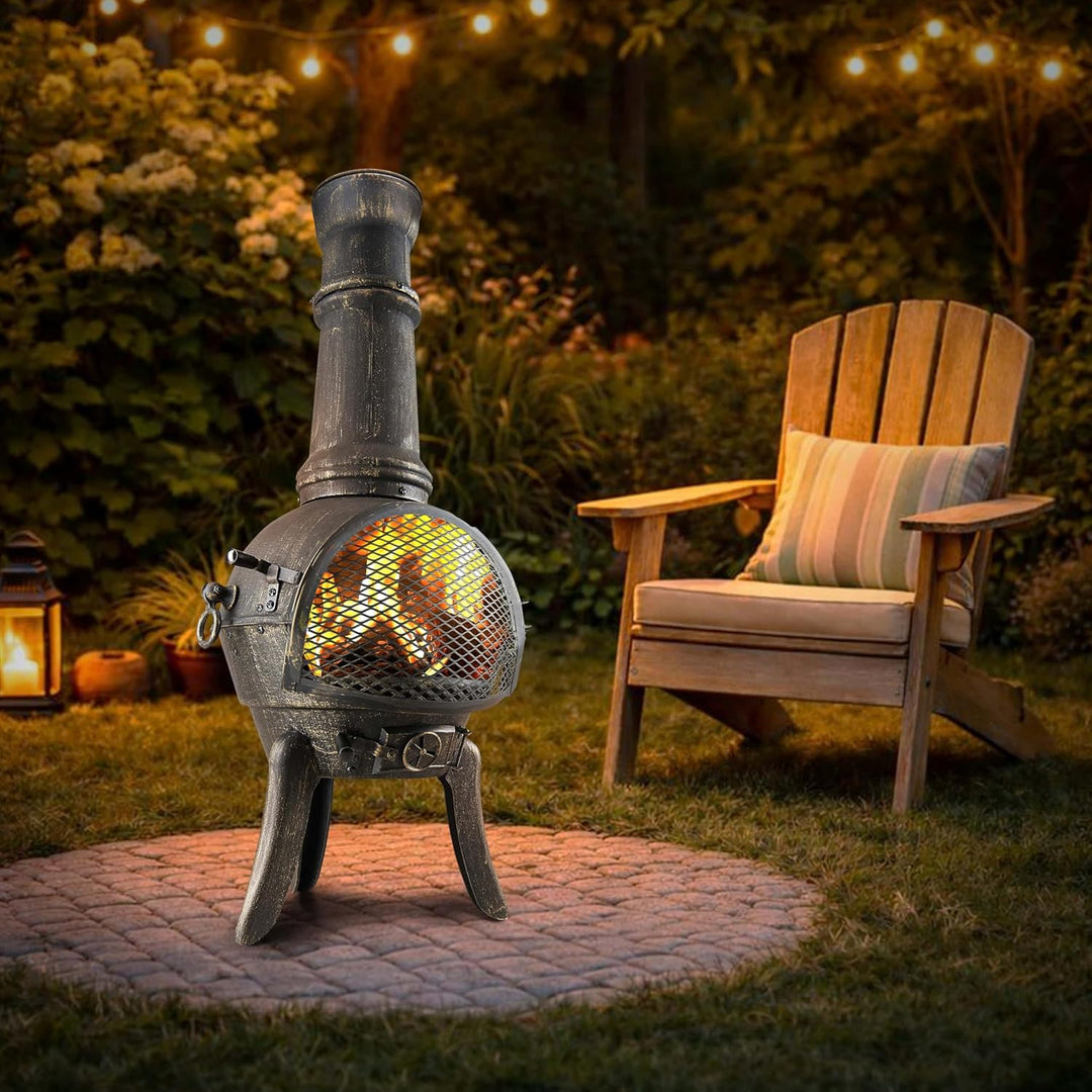 GARDEBRUK® Terrassenofen Gusseisen 28kg Funkenschutz Abdeckung Schürhaken 112cm Gross Feuerstelle Fe