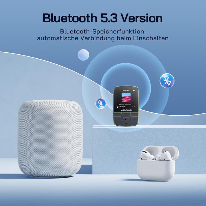 WOLFANG 64 GB MP3-Player mit Bluetooth 5.2, Sportclip, Mini-Grösse, Gewicht 28,3 g, HiF-FM-Radio, Di