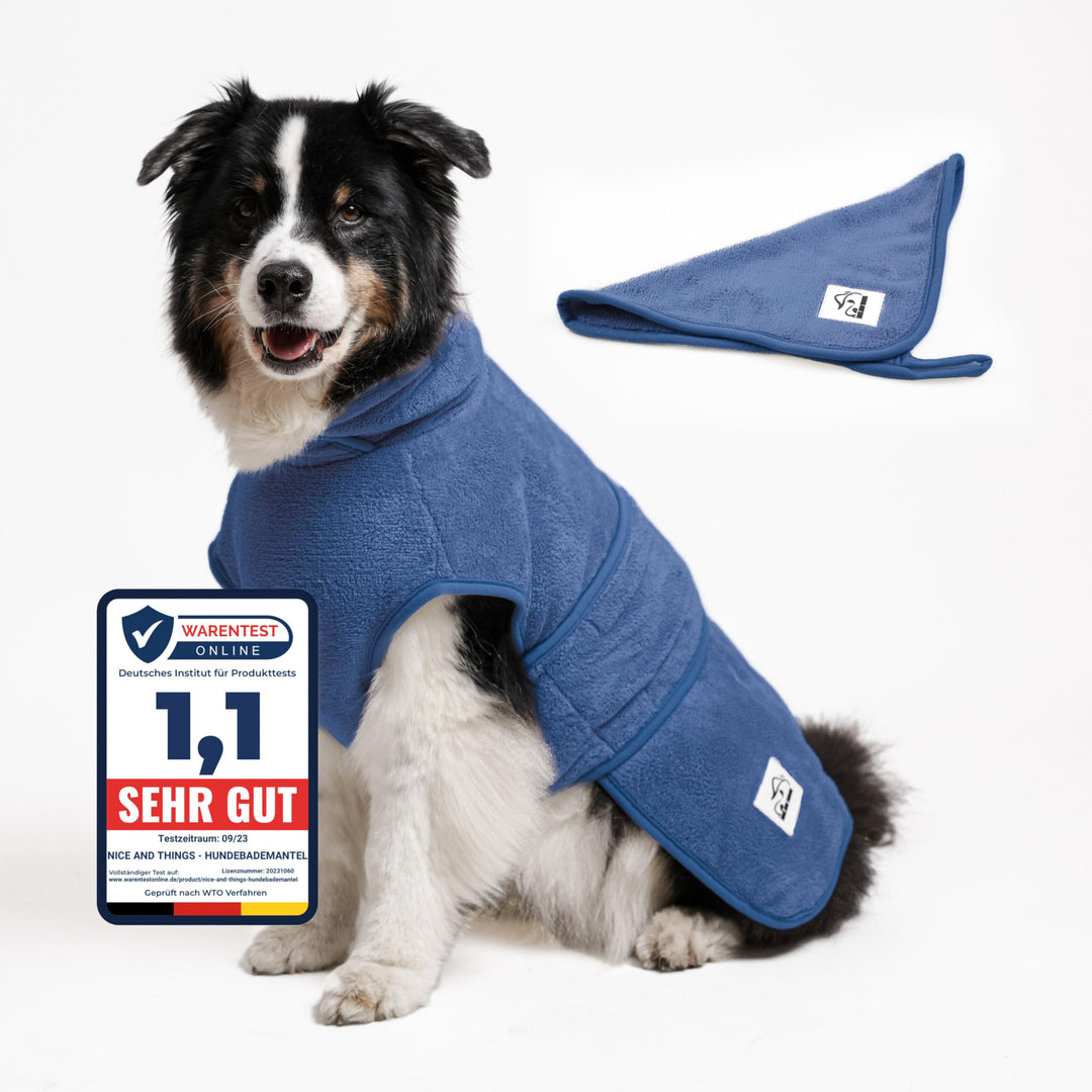 Nice and things® Luxuriöser Hundebademantel in BLAU - TESTSIEGER extra saugfähig - Ultraweicher Hund