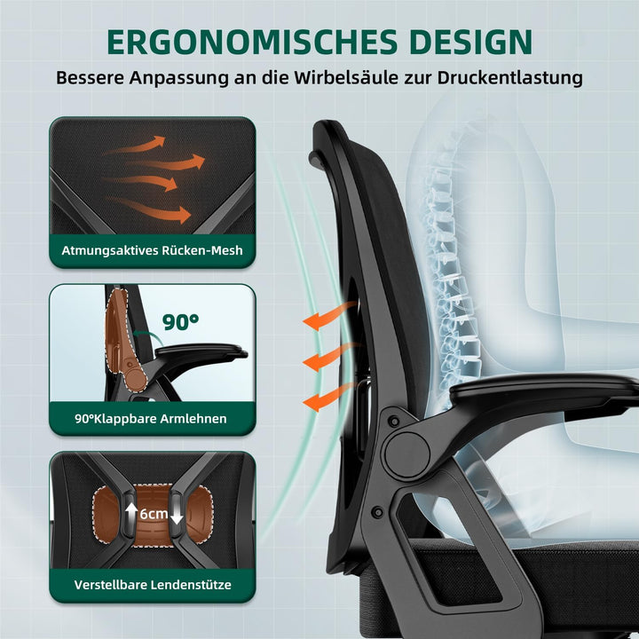 Bürostuhl Ergonomisch,Schreibtischstuhl mit Hochklappbaren Armlehnen, Einstellbarer Lendenstütze, Wi