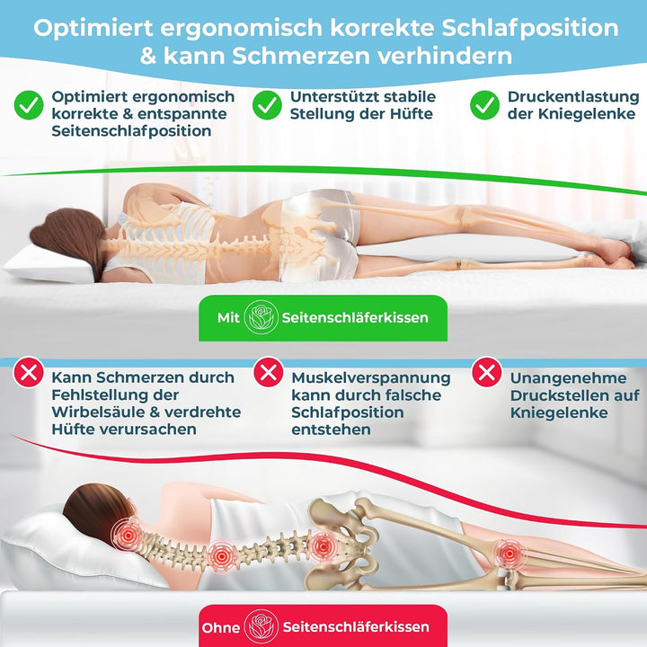 Rosenkern® Seitenschläferkissen Ergonomisch - [Made in Germany] - Long Body Pillow - Bezug aus 100%