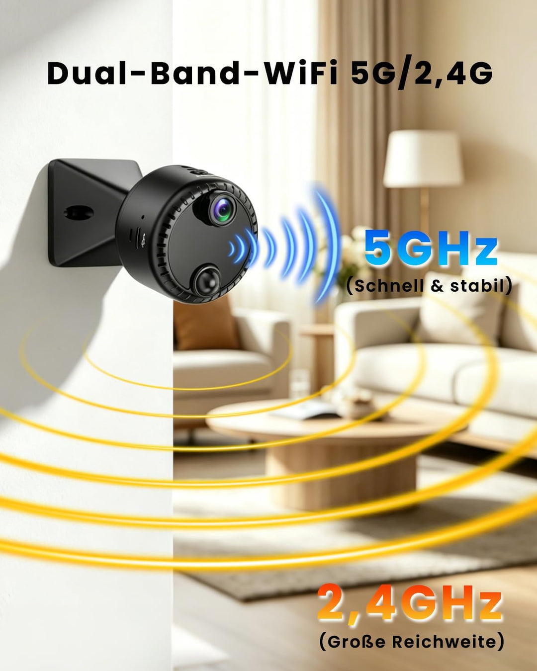 Mini Kamera 4K WLAN Überwachungskamera innen kabellos mit Akku, 2,4/5 GHz WiFi, Live-Übertragung auf