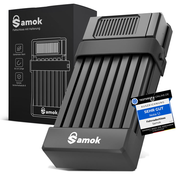 SAMOK Faltschloss Fahrrad 63 cm - Fahrradschloss mit Halterung [LEICHT & KLEIN] Variante Schlüssel o