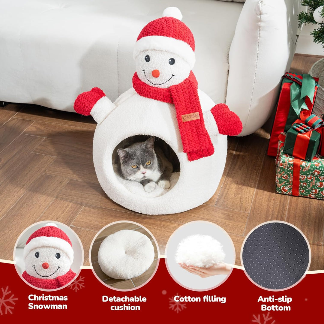 CATISM Weihnachten Katzenhöhle - 42 x 42 x 55 cm Katzenbett für Indoor-Katzen, Niedliche Schneemann