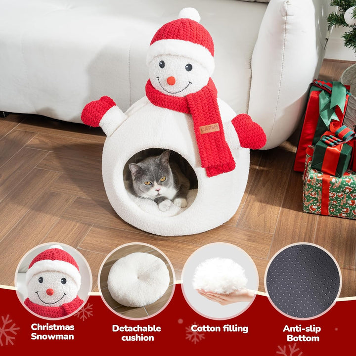 CATISM Weihnachten Katzenhöhle - 42 x 42 x 55 cm Katzenbett für Indoor-Katzen, Niedliche Schneemann
