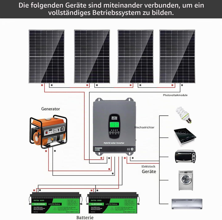 DATOUBOSS 3300W Hybrid Solar Wechselrichter 24V Reiner Sinus, 24V DC auf 230V AC Inverter mit MPPT L