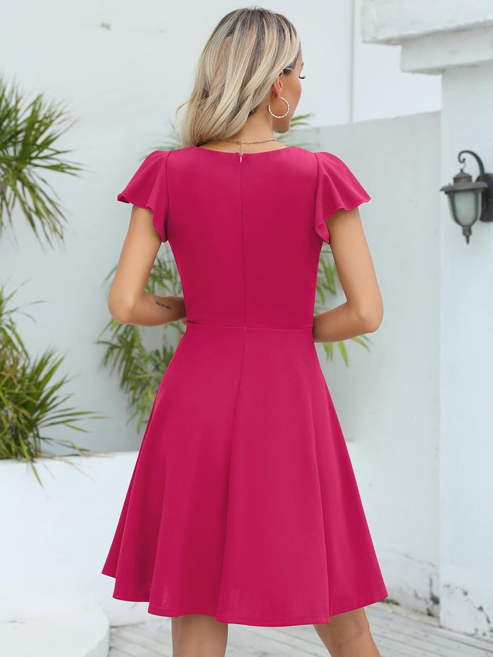 Missufe Damen Cocktailkleid Elegant Vintage Minikleid Kurz A-Linie Herzausschnitt Kleider Heisses Ro