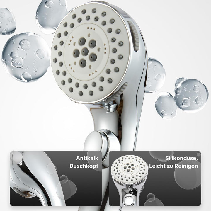OFFO Duschkopf mit Duschschlauch 1,6m, Stoppfunktion Brausekopf Dusche mit 5 Strahlarten, Wasserspar