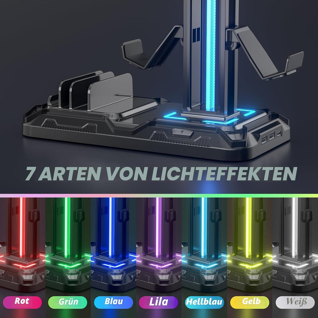 KDD Headset Halterung Led mit Ladestation - PS5 Controller Halter & Kopfhörer Ständer Tisch mit 9 Li