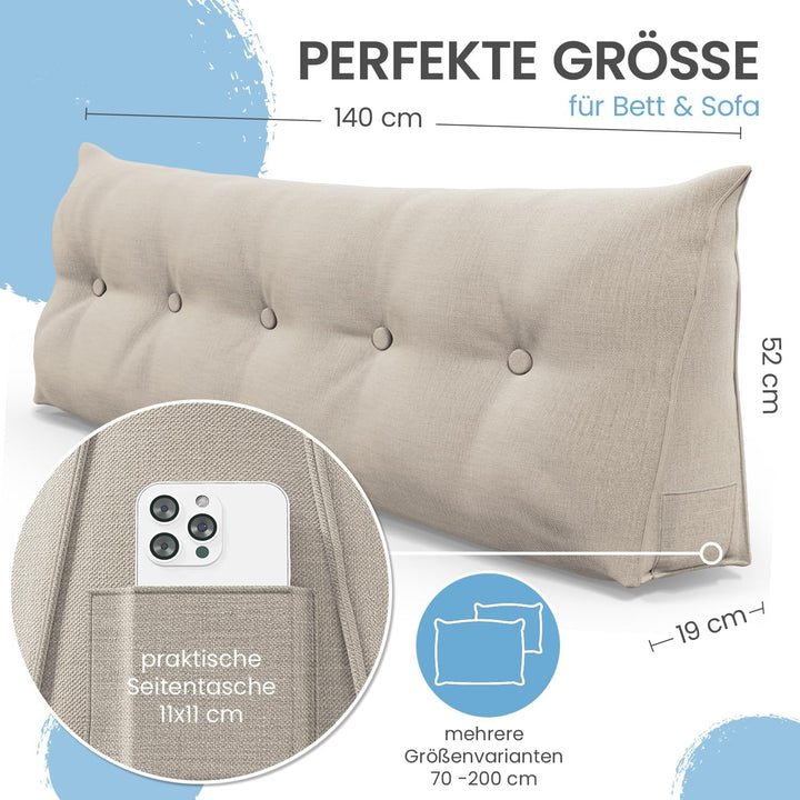 ELONEO Rückenkissen 140 cm breit, Keilkissen für Bett und Sofa geeignet, dreieckiges Lesekissen, Kis