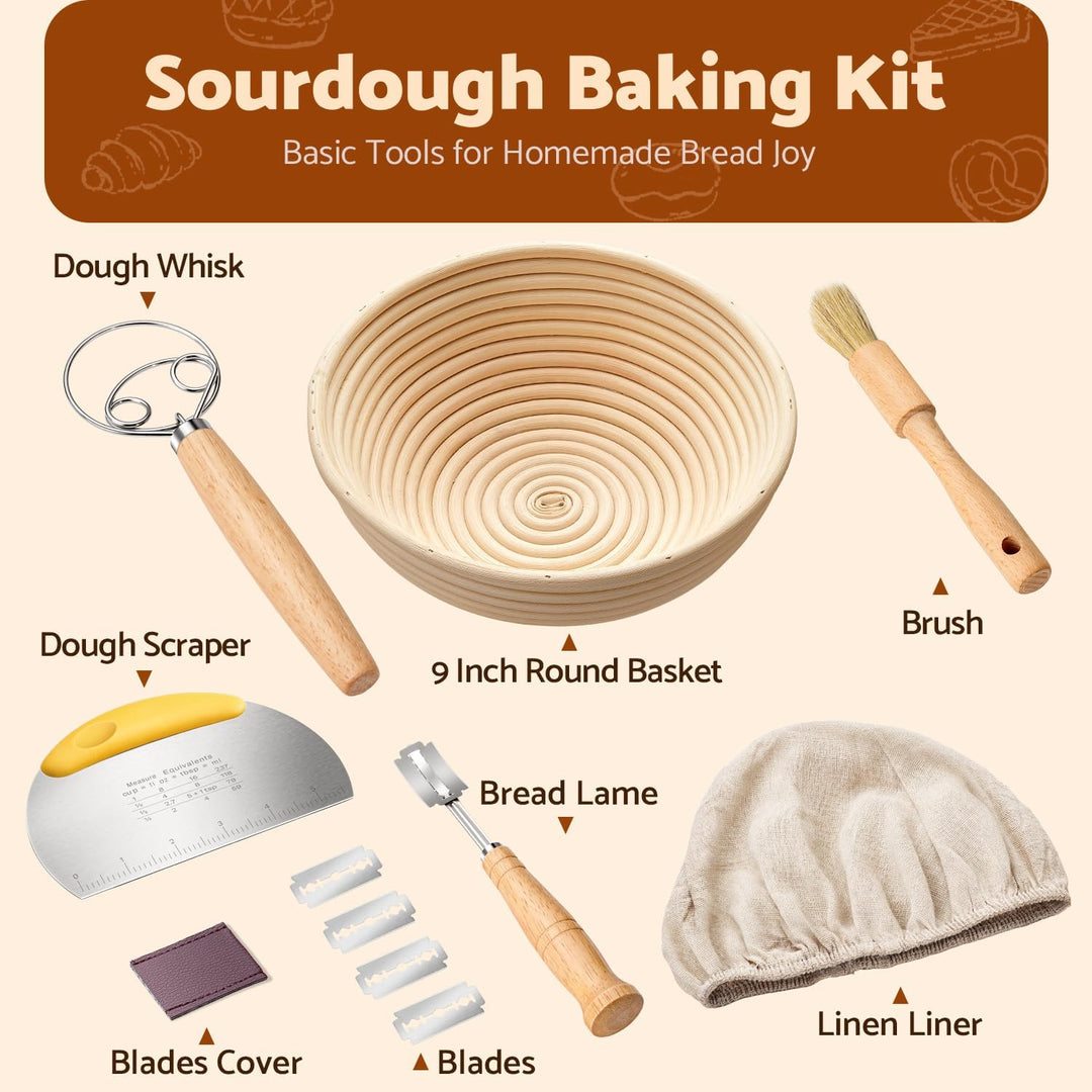 Sopito Gärkörbchen Set 23cm rund Brot Backen Zubehör Sauerteig Starter | Gärkorb Rund mit Leinentuch