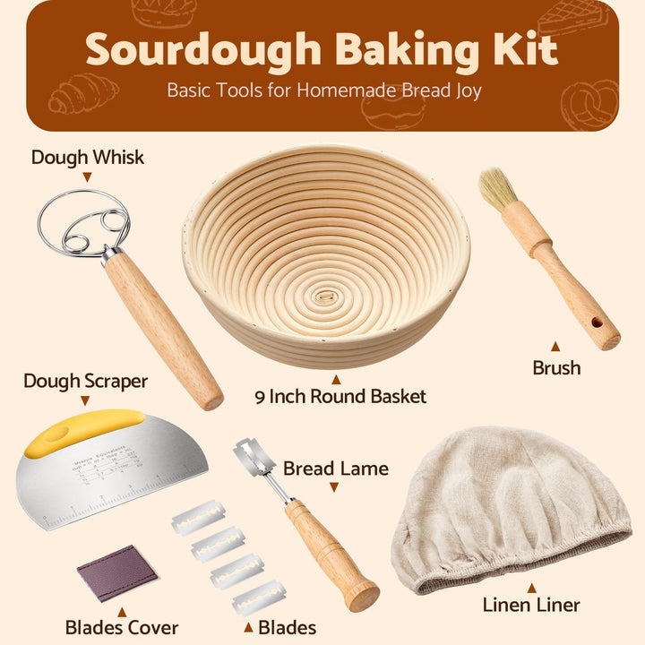 Sopito Gärkörbchen Set 23cm rund Brot Backen Zubehör Sauerteig Starter | Gärkorb Rund mit Leinentuch