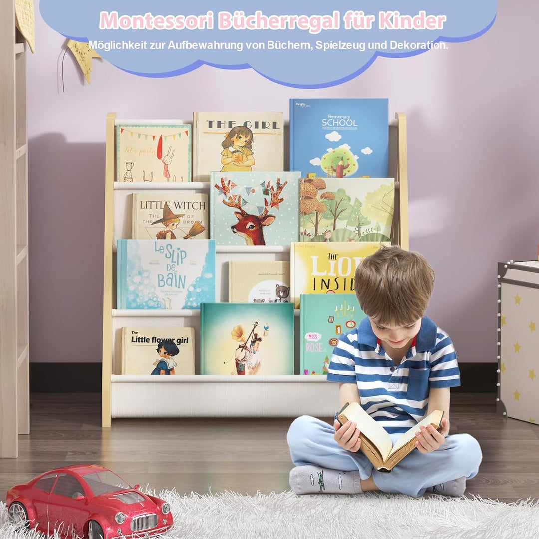 KEEPREAPER Bücherregal Kinder, Kinderregal mit 4 Stofffächern Kinderzimmer Regal 4 Ebenen Bücher-Org