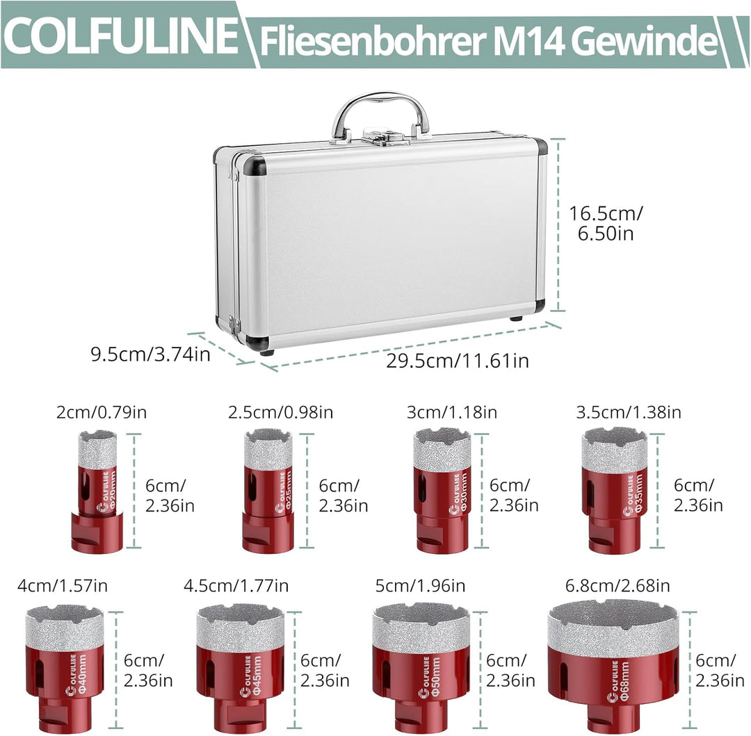 COLFULINE 8PCS Diamantbohrer Set Lochsäge Bohrkrone 20/25/30/35/40/45/50/68 mm Fliesenbohrer Glasboh