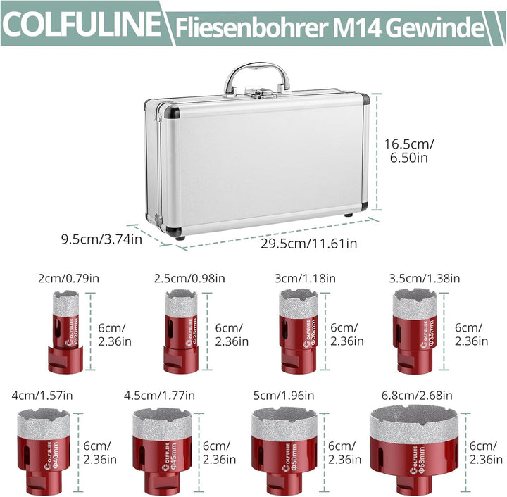 COLFULINE 8PCS Diamantbohrer Set Lochsäge Bohrkrone 20/25/30/35/40/45/50/68 mm Fliesenbohrer Glasboh