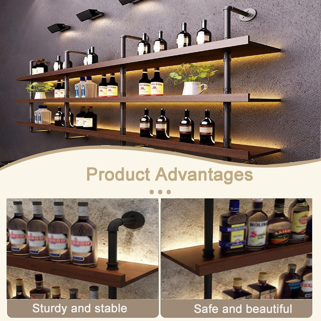 80CM Weinregal Wand Massivholz, 3 Ebenens chwebendes Flaschenregal im Industrie-Stil, Multi funktion