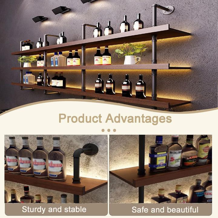 80CM Weinregal Wand Massivholz, 3 Ebenens chwebendes Flaschenregal im Industrie-Stil, Multi funktion