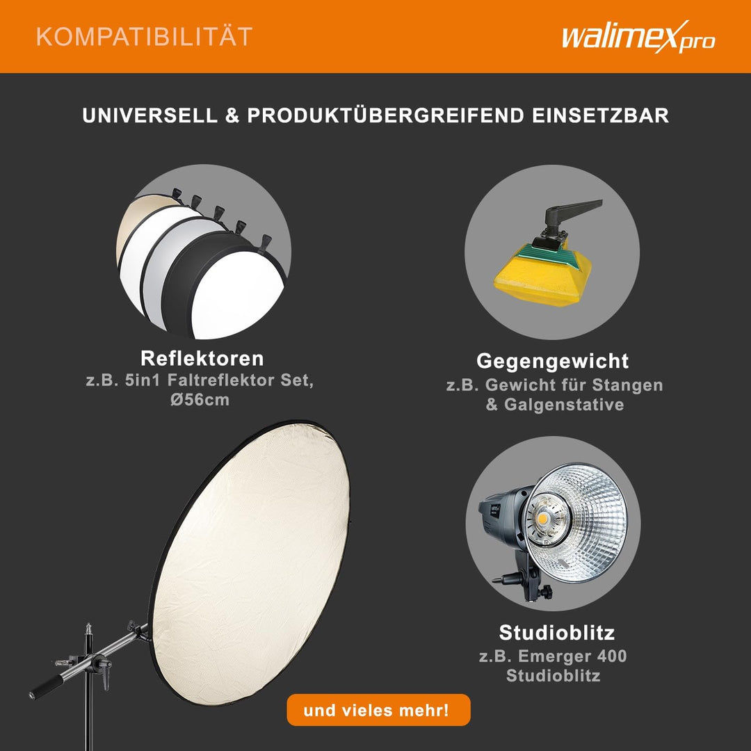 Walimex pro Reflektorhalter mit Klemme 44-150 cm (inkl. Transporttasche), Halter mit Klemme