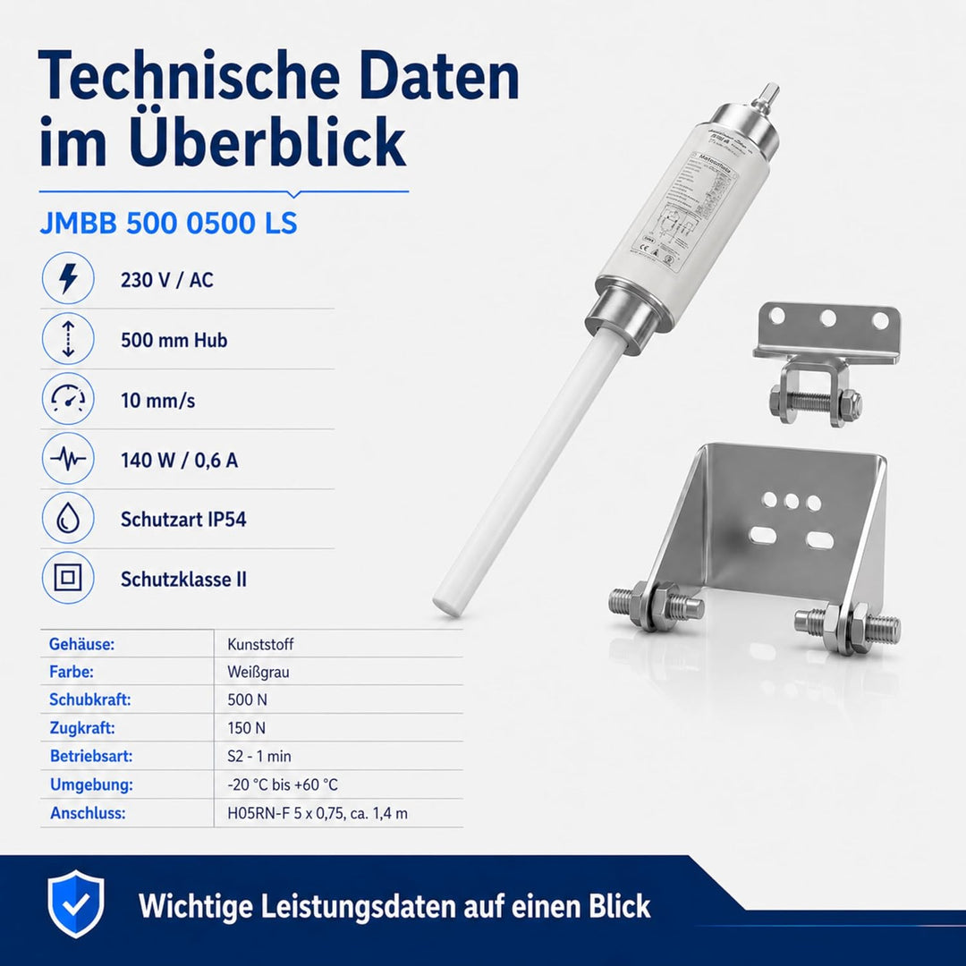 Motoröffner, Spindelantrieb Lichtkuppel 230V / 500mm HUB, JMBB 500-0500-LS mit Halterungen