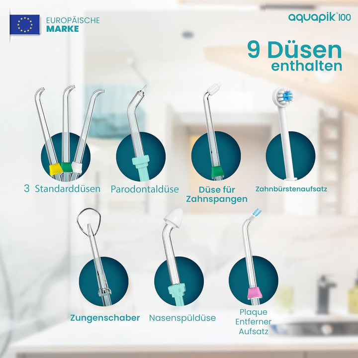 Aquapik® 100 professionelle Munddusche | Plaqueentferner + von Zahnärzten empfohlen | 8 Düsen, 10 Dr