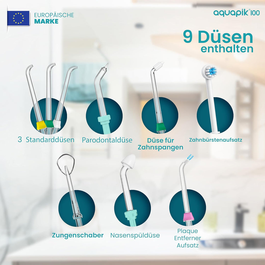 Aquapik® 100 professionelle Munddusche | Plaqueentferner + von Zahnärzten empfohlen | 8 Düsen, 10 Dr