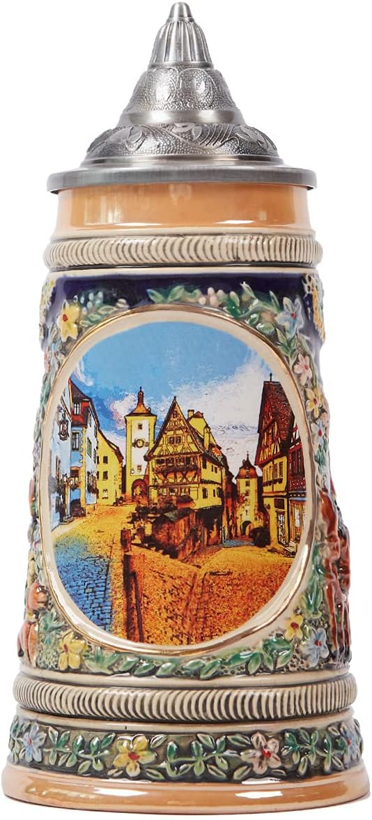 NENBOLEC Bierkrug mit Zinndeckel Bierseidel Steinkrug Deutsch Frankfurt Römer Beer Stein 0.6L