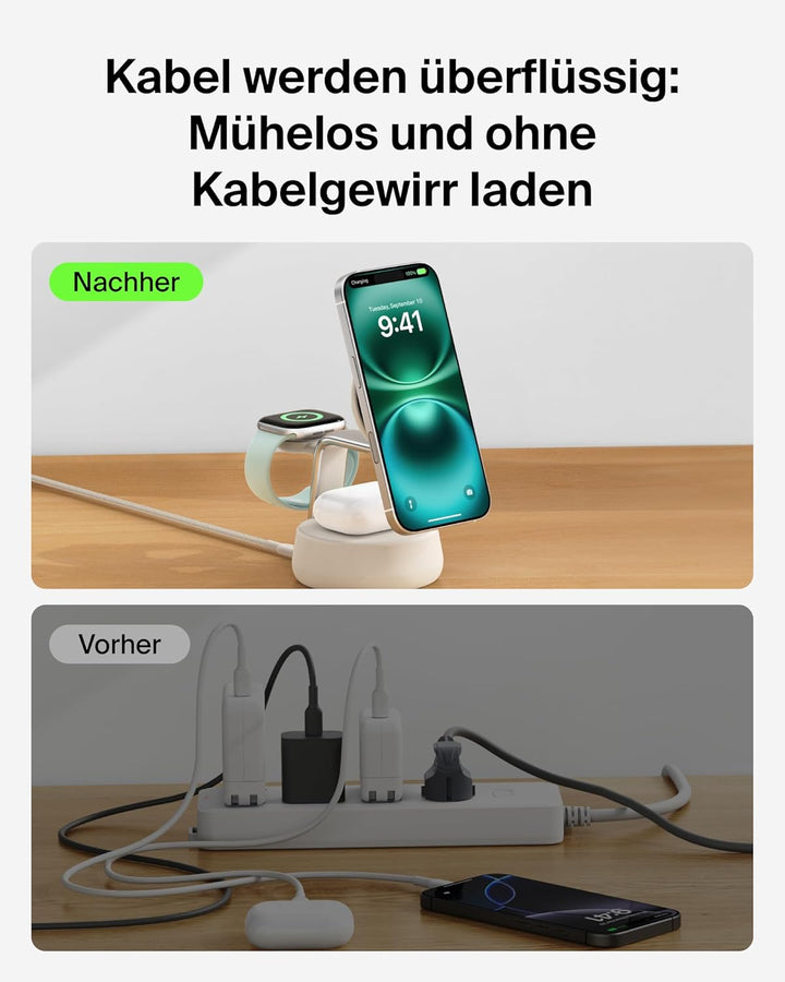Belkin UltraCharge Pro Qi2.2 Induktive Ladestation, 25W, 3 in 1 Ladegerät MagSafe Kompatibel, Wirele