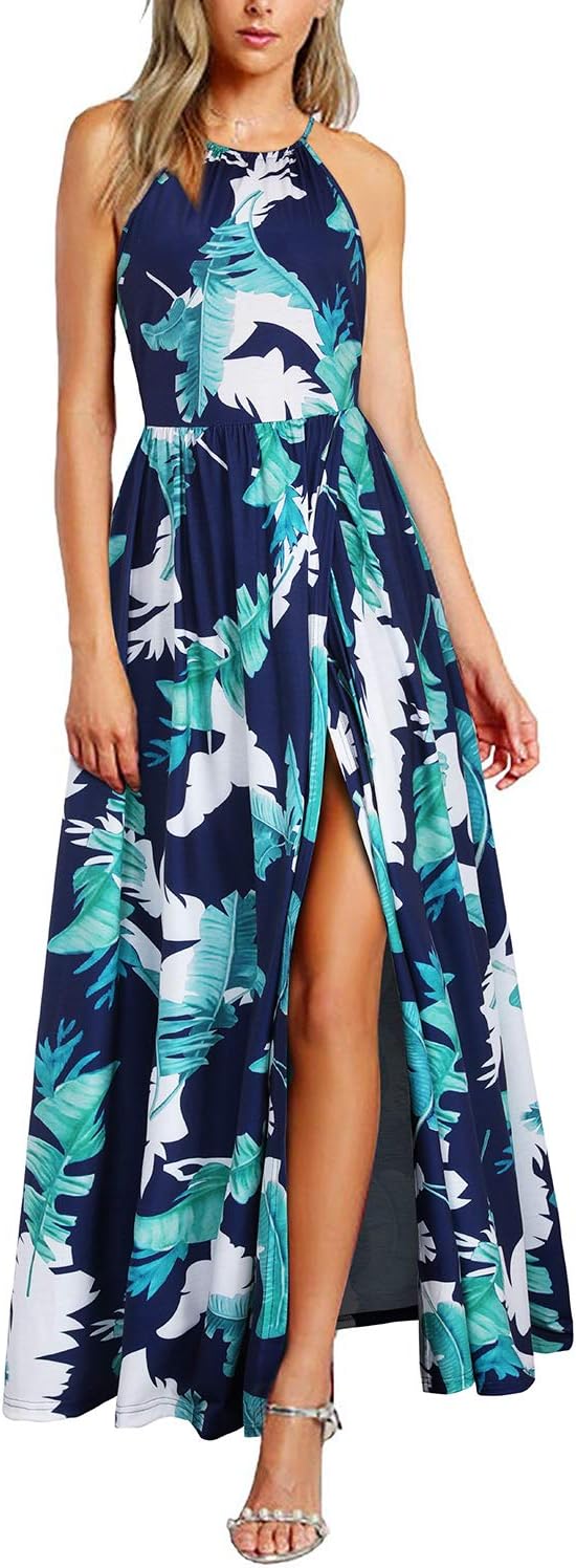 KILIG Damen Sommerkleid Lang Elegant Sommer Neckholder Kleid Hochzeitsgast Maxikleid Partykleid Schl