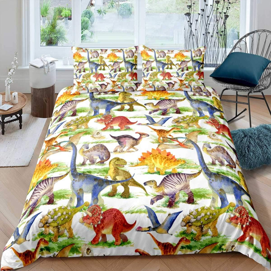 Loussiesd Cartoon Muster Bettwäsche Set Kinder Kids Dinosaurier Bettbezug mit 2 Kissenbezug 3 teilig