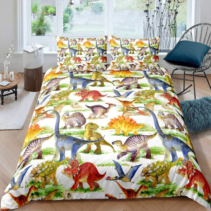 Loussiesd Cartoon Muster Bettwäsche Set Kinder Kids Dinosaurier Bettbezug mit 2 Kissenbezug 3 teilig
