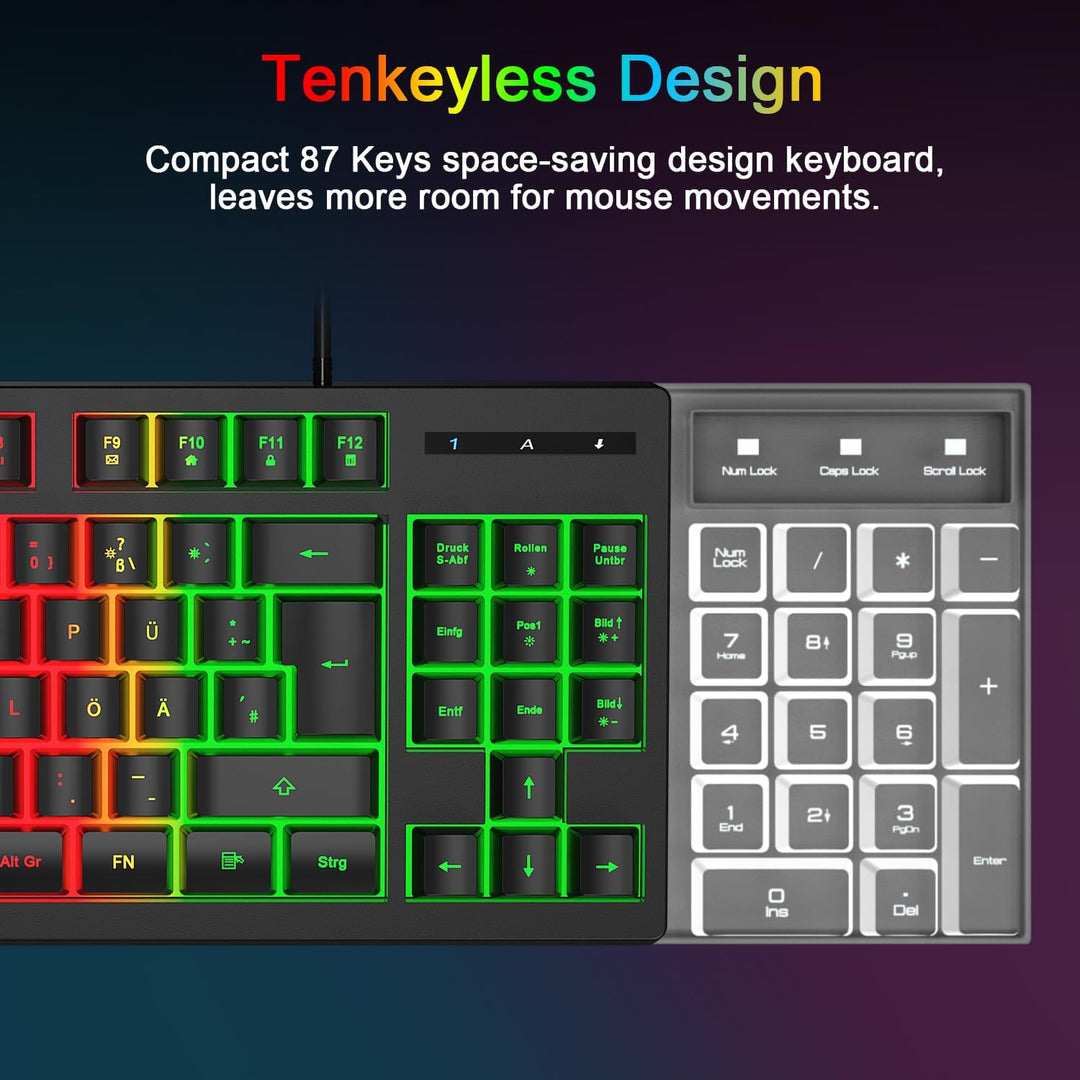 Gaming Tastatur und Maus Set, QWERTZ DE Layout, 75% TKL, RGB Hintergrundbeleuchtete Kabelgebundene T