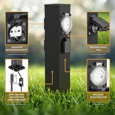 ledscom.de Garten-Steckdosen-Säule Polly mit Erdspiess und 2m Kabel für aussen, 3-Fach mit Timer/Zei